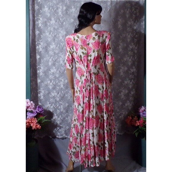 Vintage 90s Floral Rayon Dress 1990s Pink & White Spring Cottage Size Medium - Picture 4 of 6